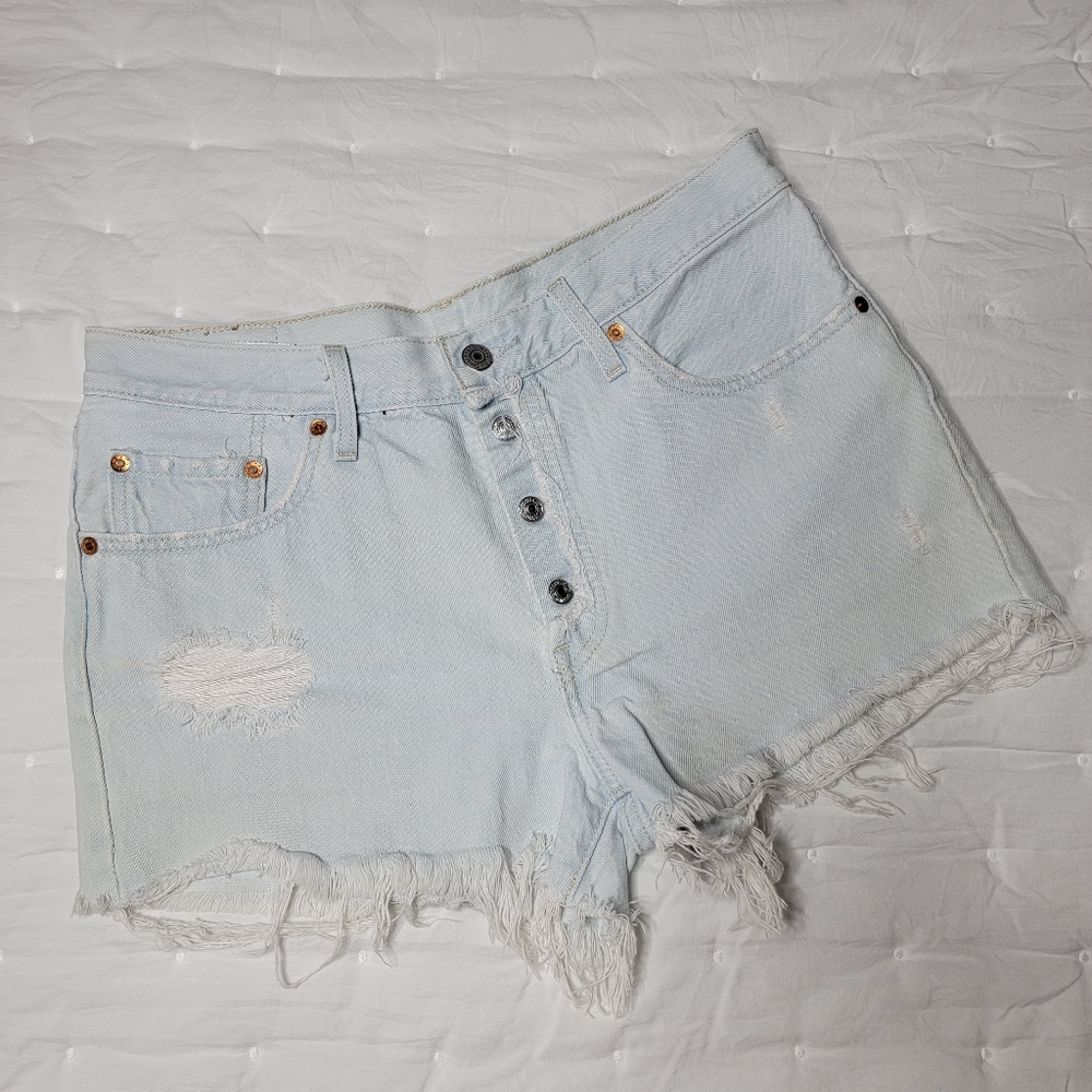 Levi's Light Blue Distressed High Waist Denim Shorts